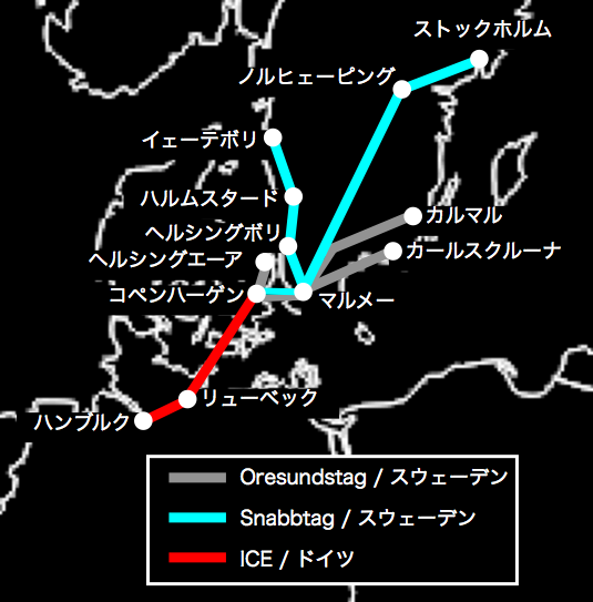 デンマークの国際列車 路線図