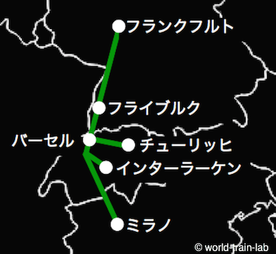フライブルグからの国際列車路線図