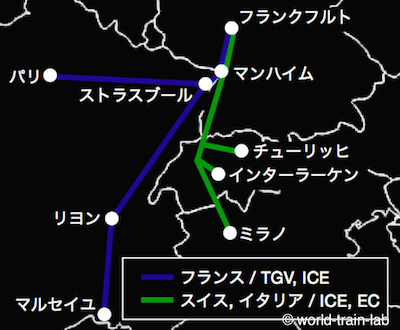 マンハイムからの国際列車路線図