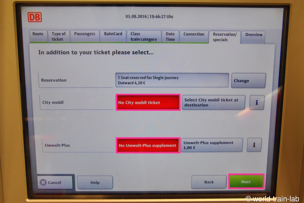”No city mobile ticket”、”No Umwelt-Plus supplement”を選択する