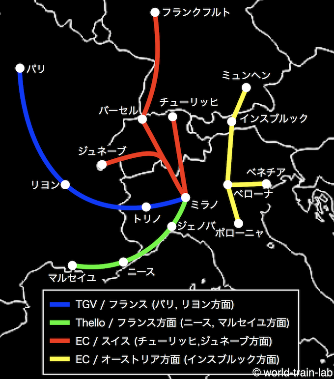 イタリアの国際列車 路線図