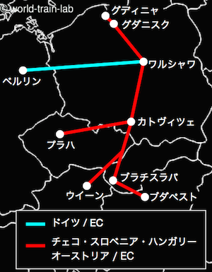 ワルシャワからの国際列車路線図